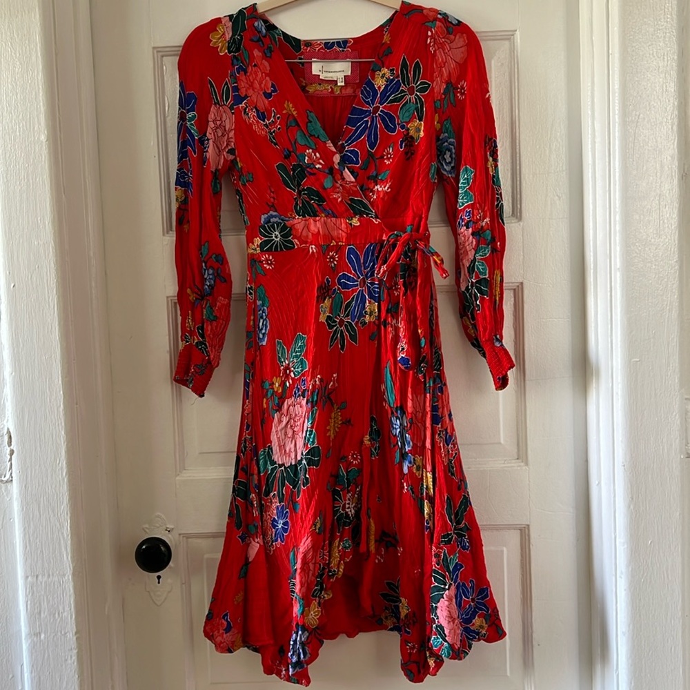 Anthropologie red floral long sleeve flowy dress - Picture 2 of 4